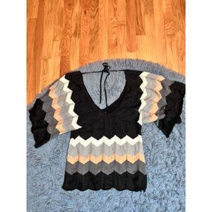 Vintage ISSHU Chevron Boho Blouse Black Metallic Size L